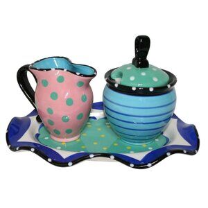Polka Dot & Striped Ceramic Creamer Sugar & Tray Set Outta Hand by Amy Hetrick